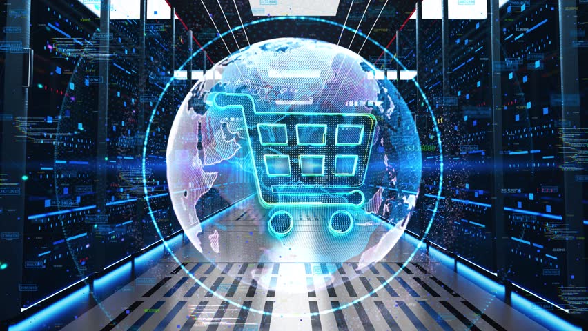 Shopping Cart Icon Moving Through Rack Servers in Data Center. Concept of shopping online Sale, discount, shopping and delivery. E-commerce Digital Online Shopping Concept. 3D Illustration Royalty-Free Stock Footage #1106926157