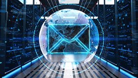 E-mail Icon Moving Through Rack Servers in Data Center. Concept of envelope and document on screen. E-mail, email marketing, internet advertising concepts. inbox messages appearing in. 3D Illustration - Powered by Shutterstock - Get 15% off with code: PIKWIZARD15