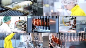 Pharmaceutical Manufacturing - Multi Screen Video. Pharmaceutical Manufacturing Machines, Equipment and Pharmaceutical Industry Workers. Pill Manufacturing. Medical Ampoules On The Production Line.
