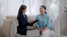 Financial advisor,realtor agent,insurance,lawyer,Manage your retirement fund concept.Financial advisor showing presentation on computer,deal shake hand to happiness Elderly asian woman retirement - Powered by Shutterstock - Get 15% off with code: PIKWIZARD15