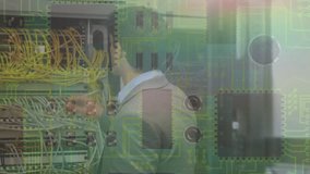 Animation of high score text over neon lines and computer circuit board. Global video game, digital interface, communication, computing and data processing concept digitally generated video. - Powered by Shutterstock - Get 15% off with code: PIKWIZARD15