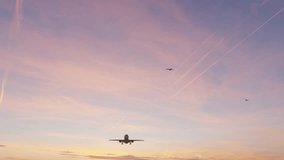 3840x2160 ULTRA HD. Airplane flies in sky at sunset day. Travel. Airplane Takes Off Against the Background of Sunset. Ultra HD 4K.