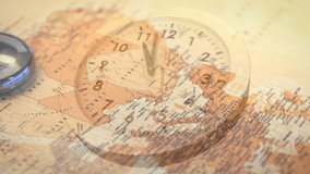 Animation of time-lapse of moving clock and overhead view of compass on map. Digital composite, multiple exposure, time, direction, global, navigation, adventure and technology concept. - Powered by Shutterstock - Get 15% off with code: PIKWIZARD15
