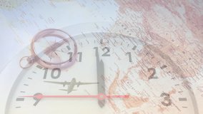 Animation of clock and compass on map over low angle view of flying airplane against sky. Digital composite, multiple exposure, time, direction, global, transportation and technology concept. - Powered by Shutterstock - Get 15% off with code: PIKWIZARD15