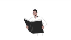 African american man holding book line 2D character animation. College reading book flat color cartoon 4K video, alpha channel. Eyeglasses guy in collared shirt animated person on white background