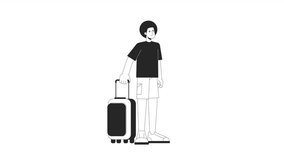 Afro hair man holding baggage bw outline 2D character animation. Male vacationer nodding head monochrome linear cartoon 4K video. Traveller with luggage animated person isolated on white background