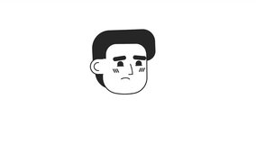 Hurt man sad bw 2D avatar icon animation. Frustrated latinamerican guy head down outline cartoon 4K video, alpha channel. Upset white man animated person facial expression isolated on white background