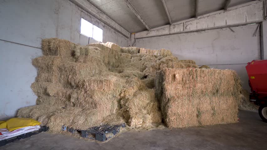 Straws in hay warehouse of modern farm 4K