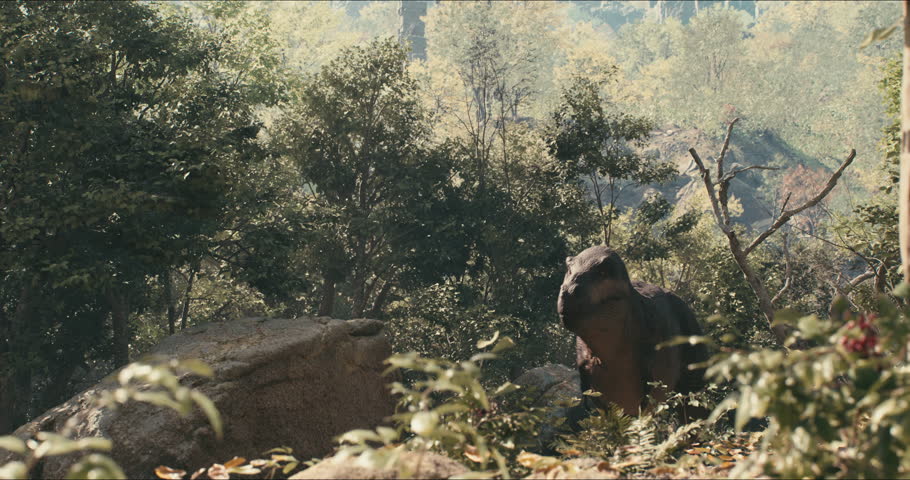 Tyrannosaurus walks through the Jurassic jungle. The Age of Dinosaurs. T-rex on the hunt. Anamorphic video. 3d rendering. High quality 4k footage. 3D Illustration