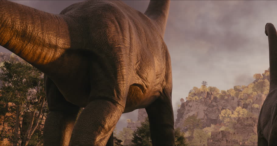 Brachiosaurus herd, sauropod walking in search of food. Jurassic period, Mesozoic era. 3D rendering. . 3D Illustration