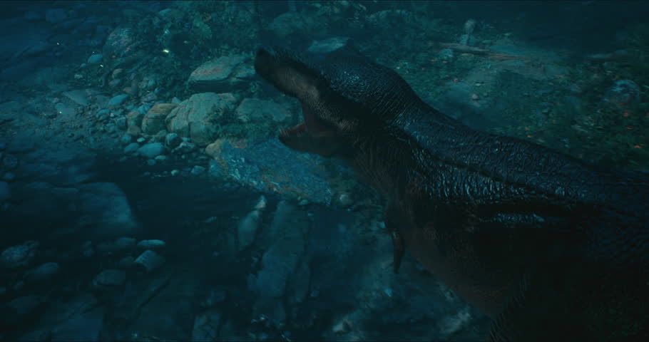 Tyrannosaurus walks through the Jurassic jungle. The Age of Dinosaurs. T-rex on the hunt. Anamorphic video. 3d rendering. High quality 4k footage. 3D Illustration Royalty-Free Stock Footage #1106944693
