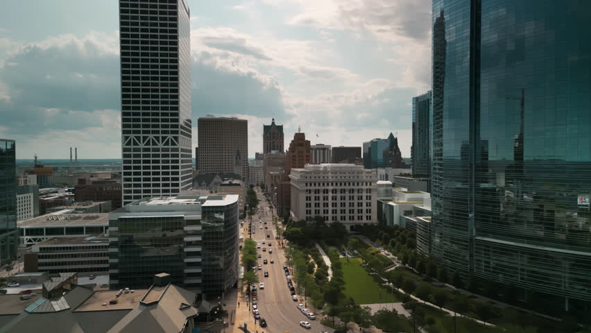 Downtown Milwaukee city, Michigan lake shoreline. Milwaukee, Wisconsin, USA. Aerial shot
