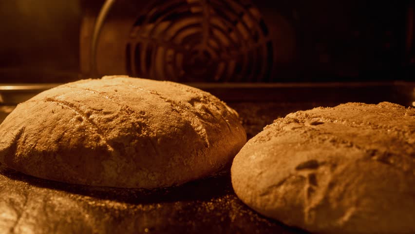 Bakery concept. Homemade bread baking in oven. Organic fresh bread. Timelapse. Bread is raised and baked. Baker bakes food at bakery. Close-up in 4K, UHD Royalty-Free Stock Footage #1106951099