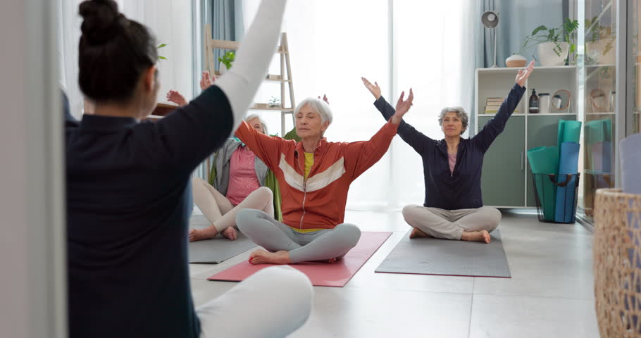 Senior women, yoga class and coach in meditation, lotus and prayer hands for exercise, holistic wellness and stretching. Workout, peace and calm of elderly people, clients and zen personal trainer Royalty-Free Stock Footage #1106952183