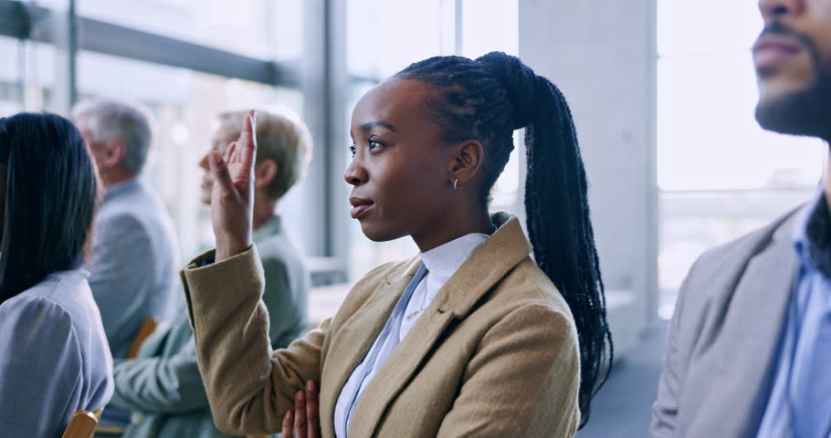 Business, black woman and staff in a workshop, question and learning with skills, communication and brainstorming. Group, team and corporate training with ideas, planning and conversation with growth | Shutterstock HD Video #1106952307