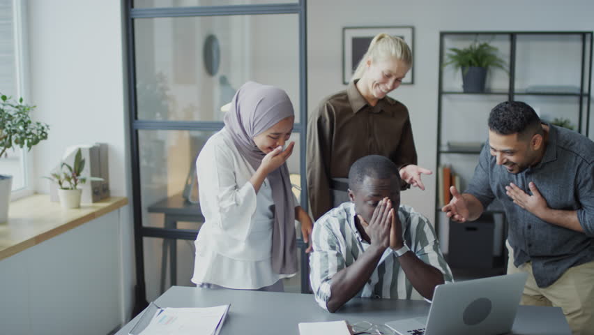Group of three cruel managers teasing their African American co-worker, workplace bullying concept Royalty-Free Stock Footage #1106952685
