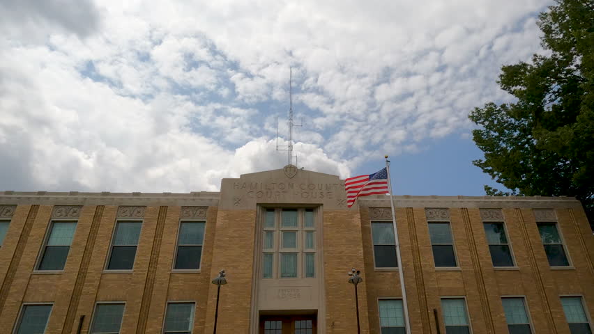 Front Exterior Views of the Hamilton County Courthouse in McLeansboro, Illinois, USA. McLeansboro is the county seat, a town of 3,000 people in Southern Illinois, USA.
