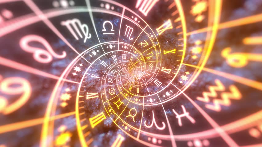 Zodiac spiral and signs of the zodiac in space. Astrology, horoscopes and prediction of the future concept. Animation in yellow color. Seamless loop. Elements of this footage. 3D Illustration | Shutterstock HD Video #1106956511