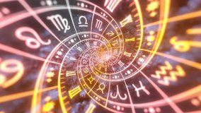 Zodiac spiral and signs of the zodiac in space. Astrology, horoscopes and prediction of the future concept. Animation in yellow color. Seamless loop. Elements of this footage. 3D Illustration - Powered by Shutterstock - Get 15% off with code: PIKWIZARD15