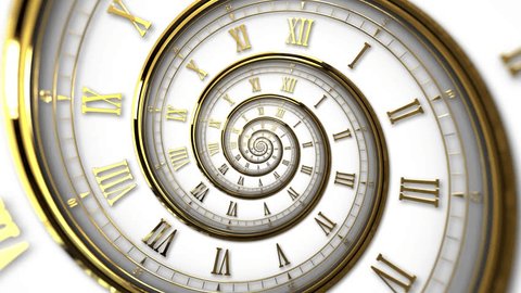 Abstract modern white spiral clock dial with golden roman and arabic numerals. Concept of Infinite time, deadline, scheduling, time and space, past, present and future. Seamless loop. Adlı Stok Video