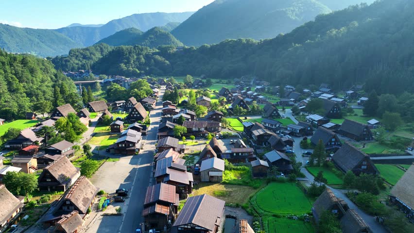 morning aerial view of Japanese traditional mountain village of Shirakawa-go, Shirakawago is an idyllic village in Japanese Alps, famous tourist attraction in Japan. High quality 4k footage