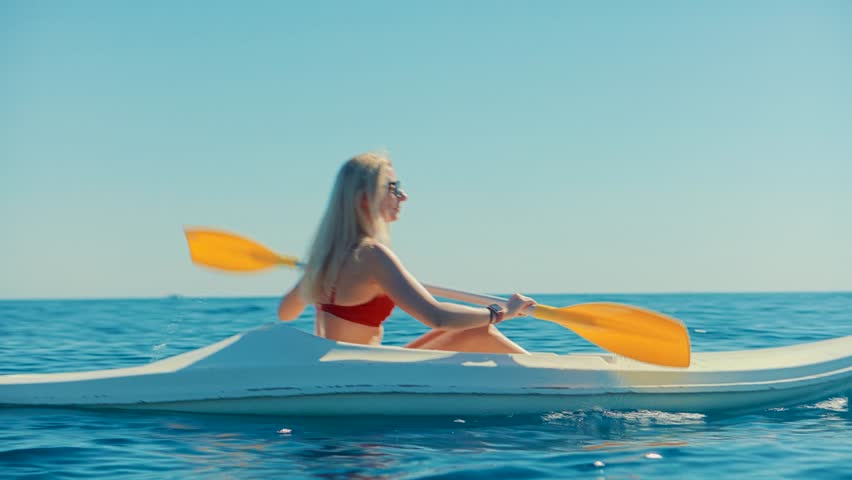 Fun Travel Hobby On Canoe On Sea. Woman On Paddle Kayaking Healthy Lifestyle. Tourism Wanderlust On Canoe Weekend Vacation. Water Tourism Rowing On Kayak. Summer Sport Recreation Vacation Vibes Travel