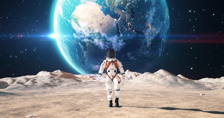 Male Astronaut Walking On A Planet Surface. Making First Steps. Mars Colonization Concept. Space Related Majestic Scene. Slow Motion. Royalty-Free Stock Footage #1106968633