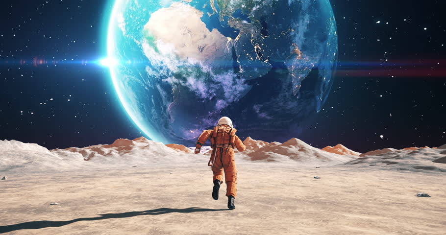 Young Male Astronaut In Space Suit Running On Alien Planet. Planet Mars Is Visible. Space Related Slow Motion Majestic Scene. Royalty-Free Stock Footage #1106968635