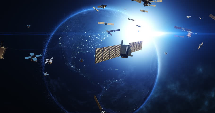 Satellites Orbiting Earth Facilitating Telecommunication and High-Speed Internet. Industry And Technology Related 3D Animation. Royalty-Free Stock Footage #1106968639