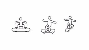 Skater animated icons. Skate boarding line animation library. Youth culture. Skate park. Action sport. Black illustrations on white background. HD video with alpha channel. Motion graphic