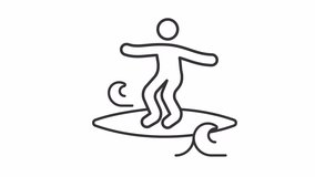Crumbly waves surfing line animation. Surfer riding wave animated icon. Beach break. Surf spot. Travel destination. Black illustration on white background. HD video with alpha channel. Motion graphic