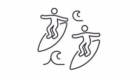 Surfing with mate line animation. Two surfers riding wave animated icon. Surf spot. Beach adventure. Water sport. Black illustration on white background. HD video with alpha channel. Motion graphic
