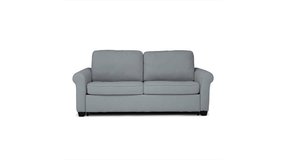 A stop motion repeating looped time-lapse shot of a white background grey fold out hide a bed furniture sofa couch love seat.