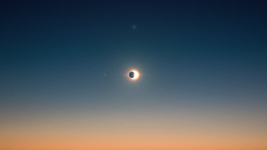 Super wide angle view of total solar eclipse moment and star beam flare of light on moon Royalty-Free Stock Footage #1106970915