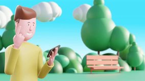 3d Animation cartoon spending leisure time in green park using mobile phone touch screens.

