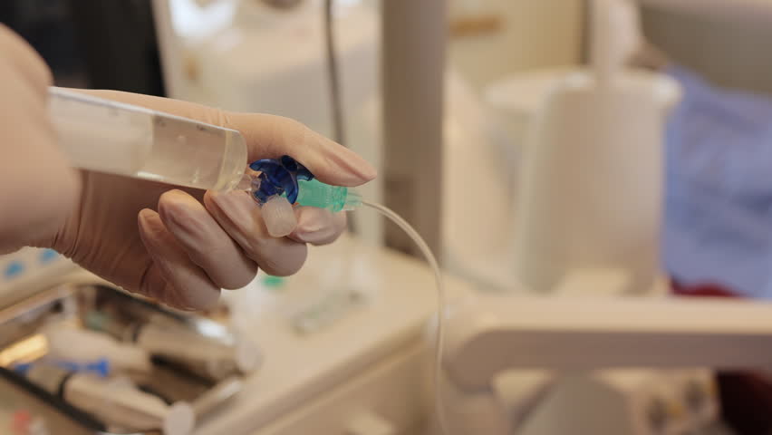 Close-up hands of doctor anesthesiologist in gloves prepares solution for anesthesia in the operating room before the surgery. Doctor checking for patient health status. Royalty-Free Stock Footage #1106973889