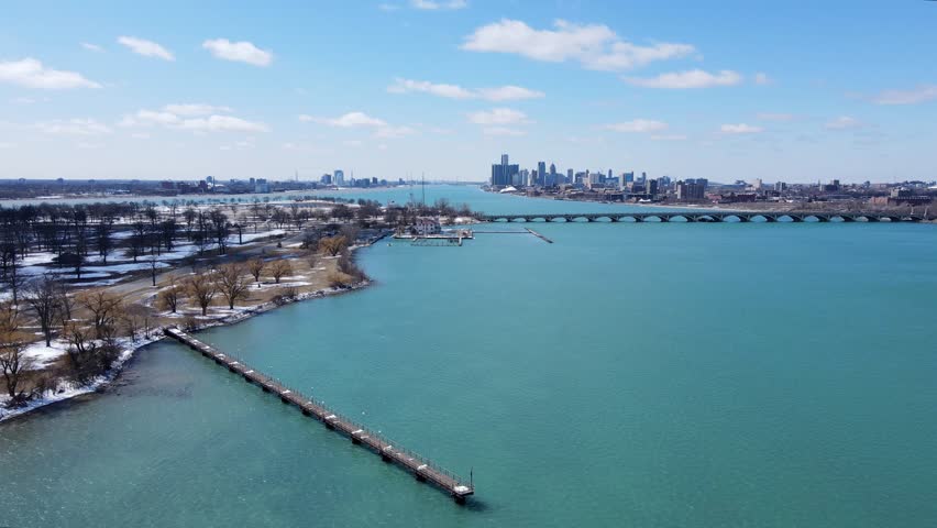 Detroit River with bridge to Belle Isle, aerial drone view
