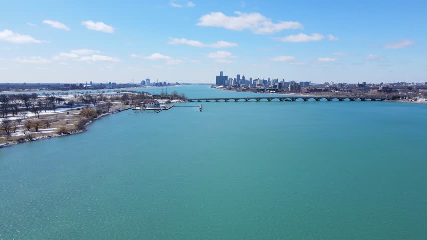 Long bridge to Belle Isle and Detroit skyline, aerial view