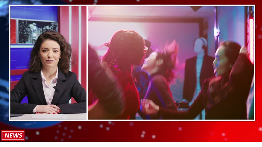 Fun weekend activities reportage on television program, journalist presenting music festivals or parties in the city. Woman presenter doing entertainment newscast, nightlife clubs recommendations. | Shutterstock HD Video #1106975403