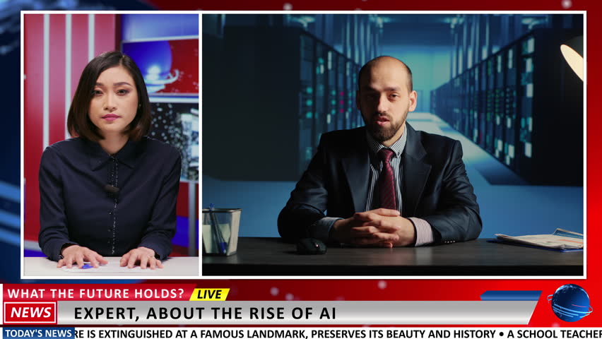 Expert show host and guest on AI topic, discussing about artificial intelligence revolution and development amongst business companies. Journalist and specialist on live connection talking. Royalty-Free Stock Footage #1106975415
