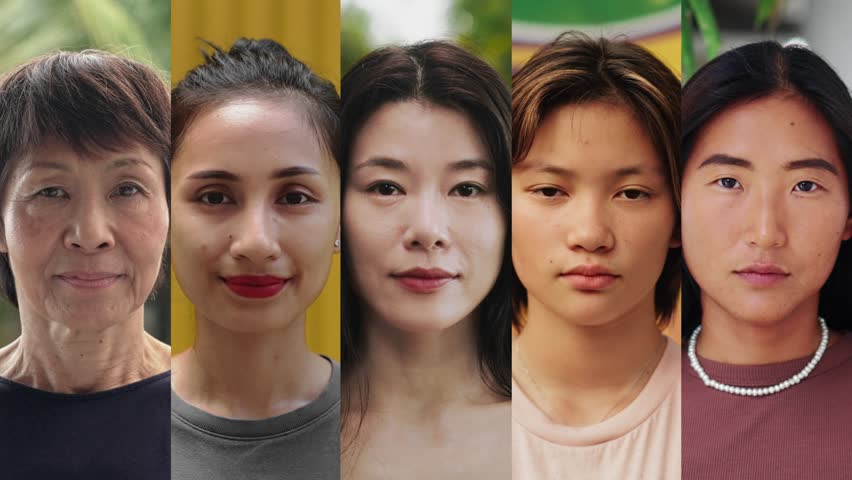 Portraits of Happy Asian People Looking at Camera in One Footage Set. Optimistic Faces of Young Smiling Women in Serie Footage for Multiscreen Collage. Inspiration Montage of Beautiful Asia Citizens Royalty-Free Stock Footage #1106983487