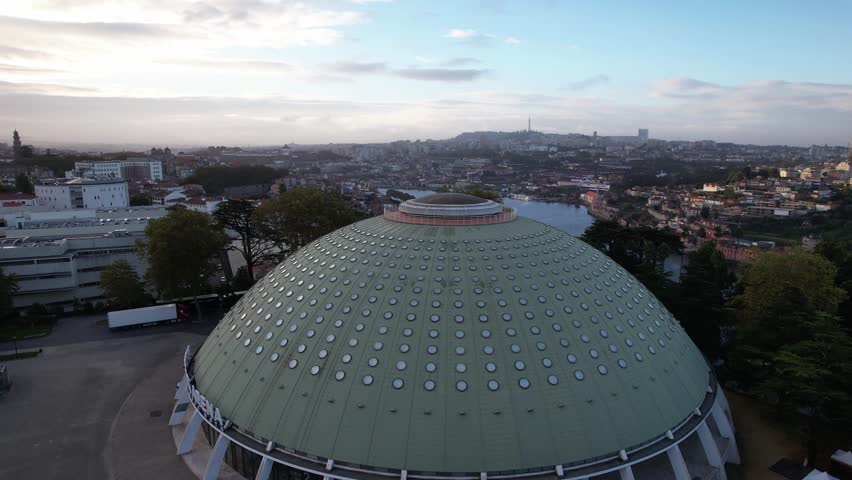 Circle Aerial view of The Crystal Palace near Douro river, Porto city, Early morning 