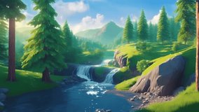 Amazing waterfall in the mountain and lake video animation
