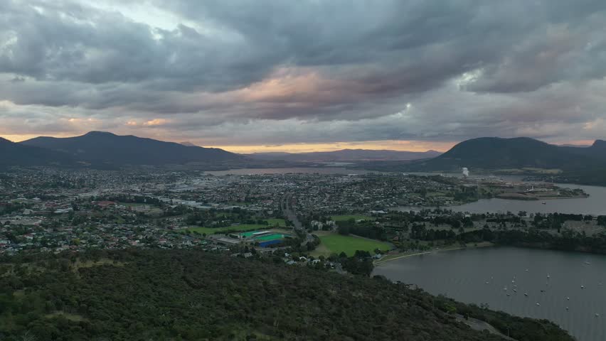 Hobart, Tasmania, Australia as seen from the Domain Sunset Aerial Drone 4K