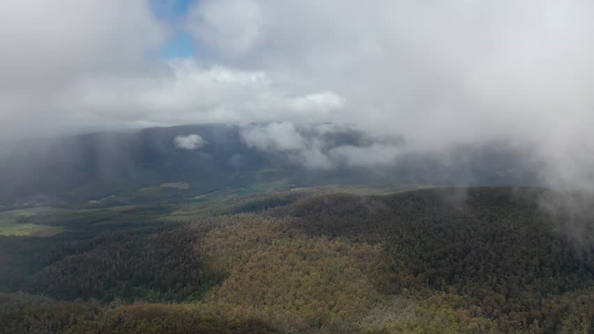 Lake Fenton, Mount Field National Park, Tasmania, Australia Cloud Mist Fog Aerial Drone 4K 