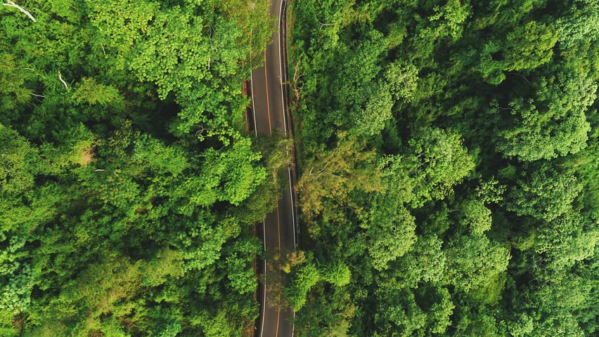 Aerial view of a car driving in a high mountain pass on a curved mountain road in the green jungle. A car on a mountain serpentine. The concept of interstate transport