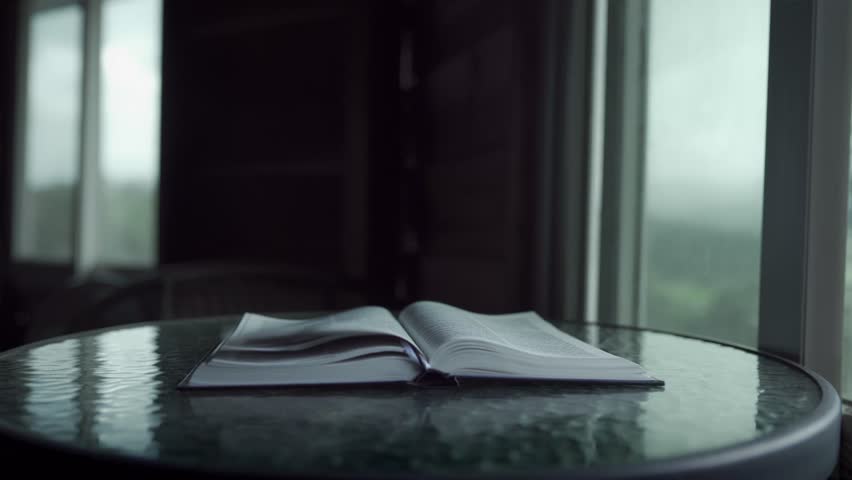 Holy bible open on the table at home by the window and pages flipping due to wind blowing. Religion and faith concept, 4k footage.