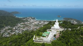 Drone Video Morning light sky and blue ocean at the back of the Big Buddha Phuket The Big Buddha Phuket is one of the landmarks on the island of Phuket Thailand.