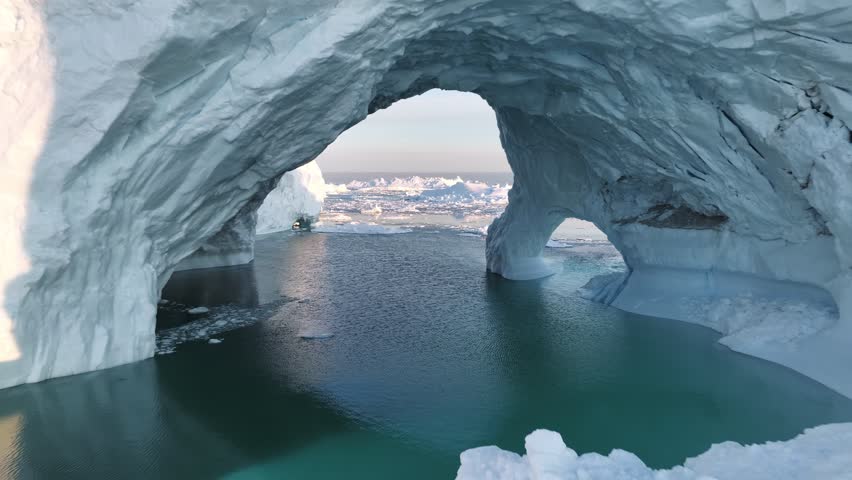 Flying inside ice cave. Gaint iceberg with ice cave melting in the ocean. Icebergs from melting glacier float in Disco Bay, near Ilulissat, Greenland. Aerial shot, climate change concept | Shutterstock HD Video #1107006361