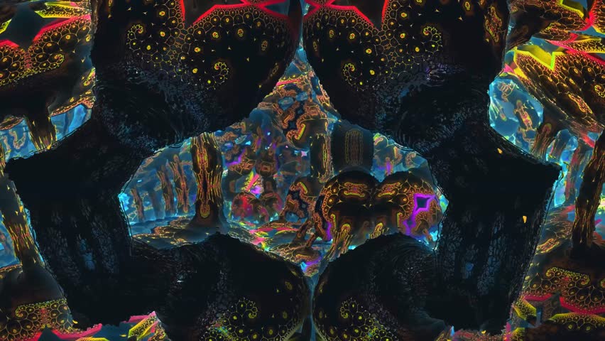 Embark on a mind-bending journey as the camera takes flight inside a psychedelic mushroom, revealing a surreal world of vibrant patterns and colors Royalty-Free Stock Footage #1107006561